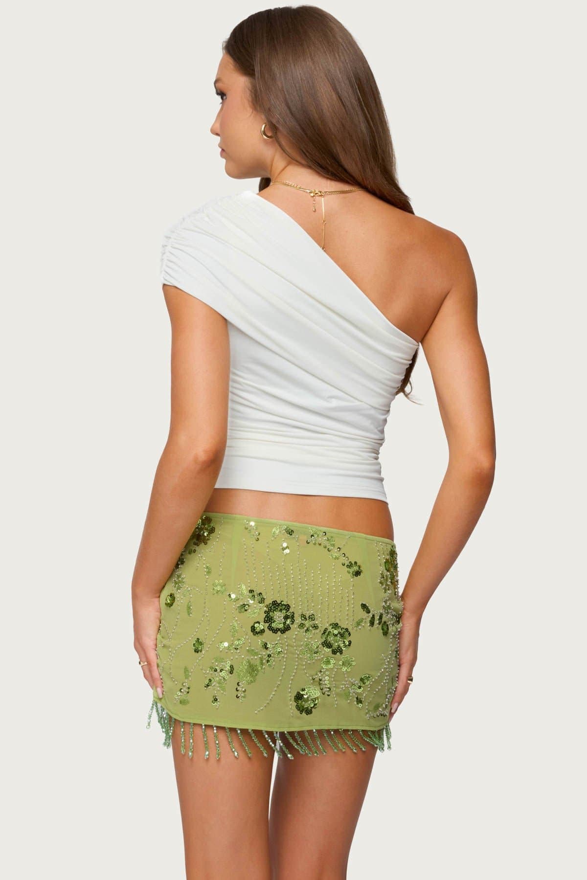 Fold Over Ruched One Shoulder Top Nylon Spandex Small Medium Large