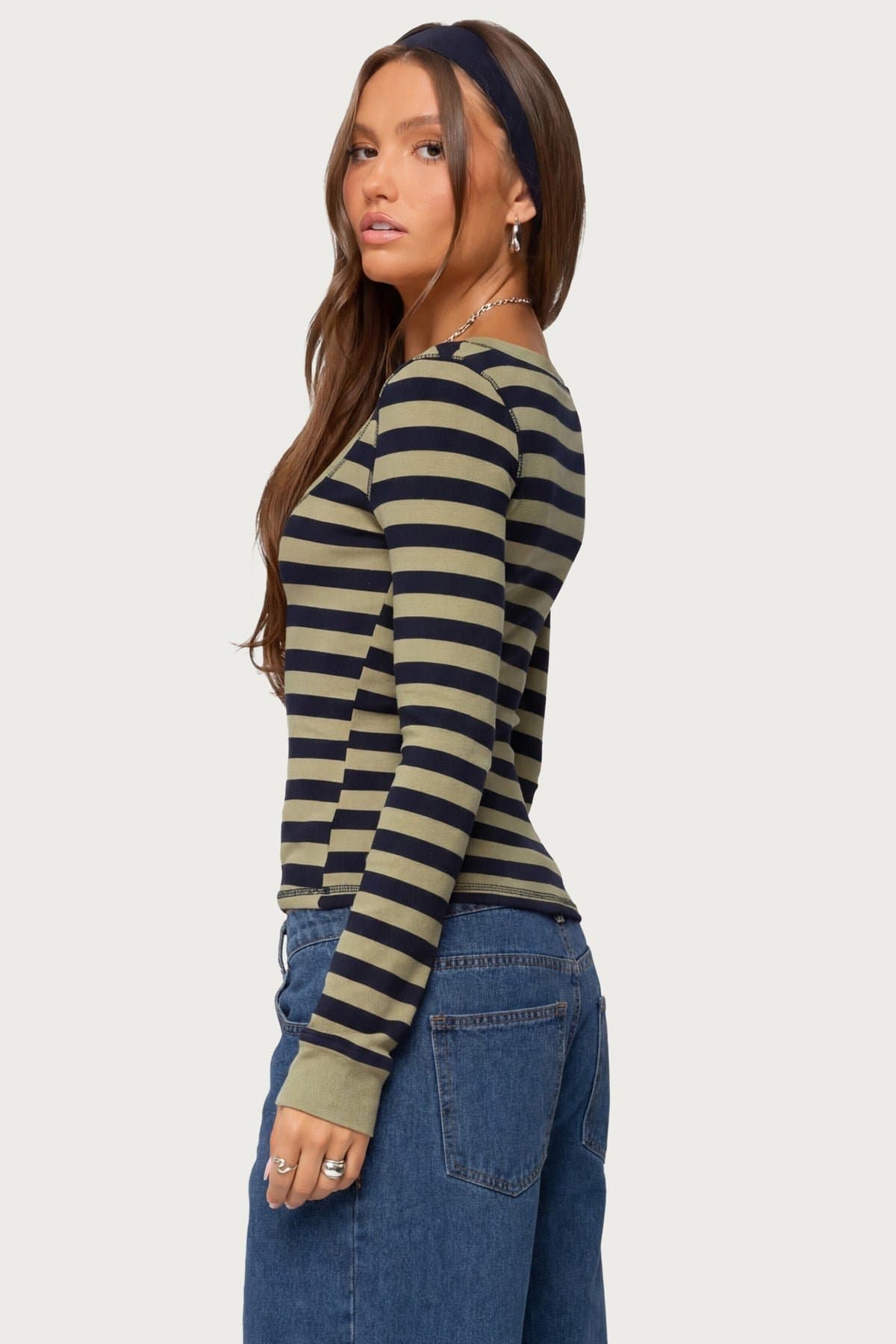 Rainey Striped Long Sleeve Top - Cotton Spandex Scoop Neck