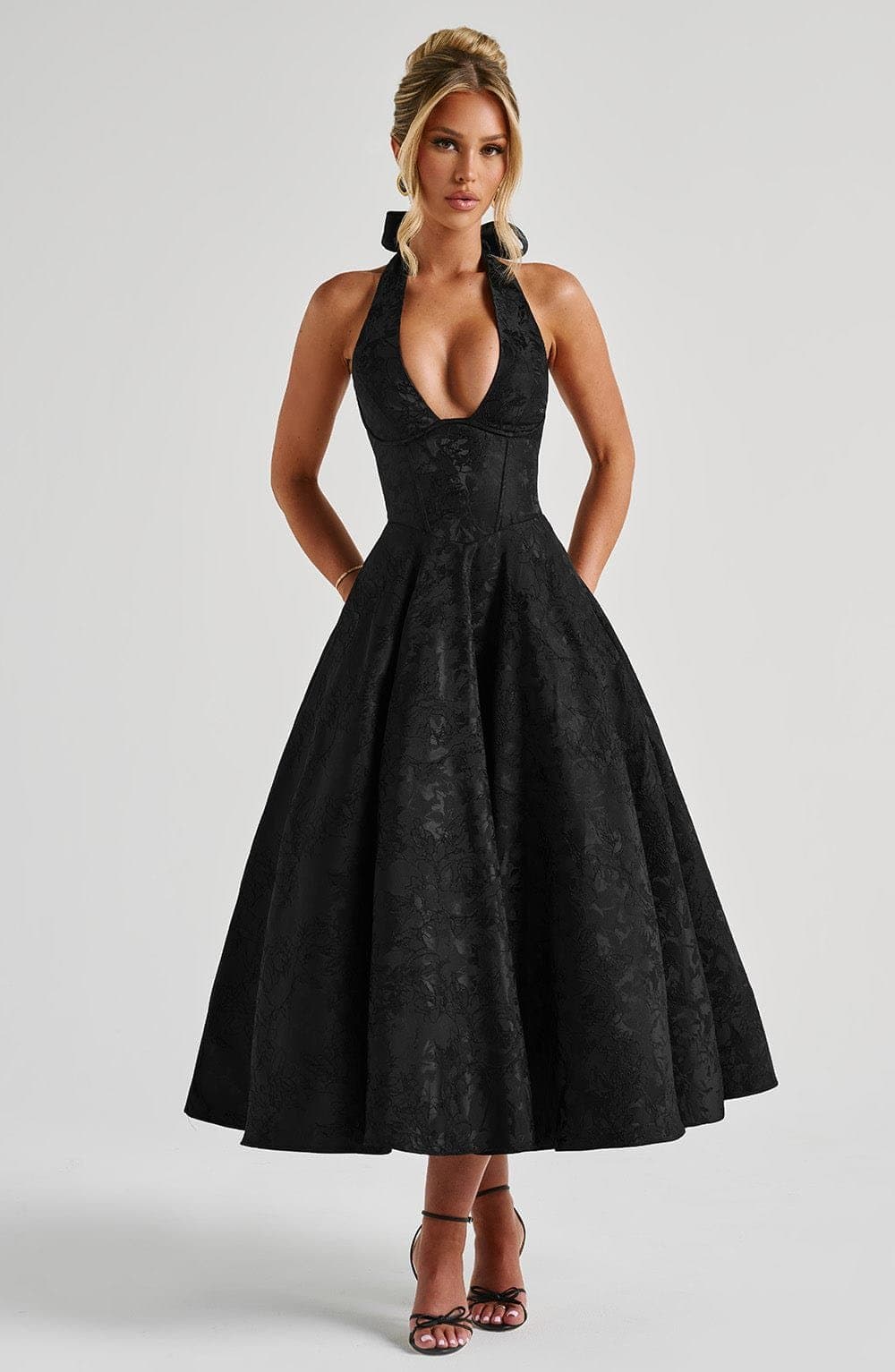 Effie Midi Dress in Black - Plunge Halter Neckline, Lace Up Back, Full Skirt