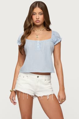 Rhory Pinstripe Babydoll Top - Short Puff Sleeves, Back Tie, Polyester