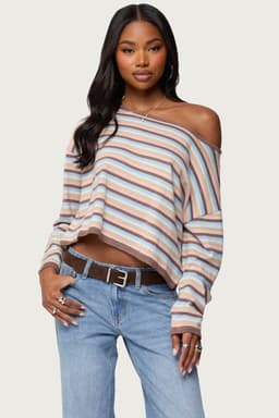 Alexis Off Shoulder Striped Knit Top - Long Sleeve Oversized Polyester Metallic Fit