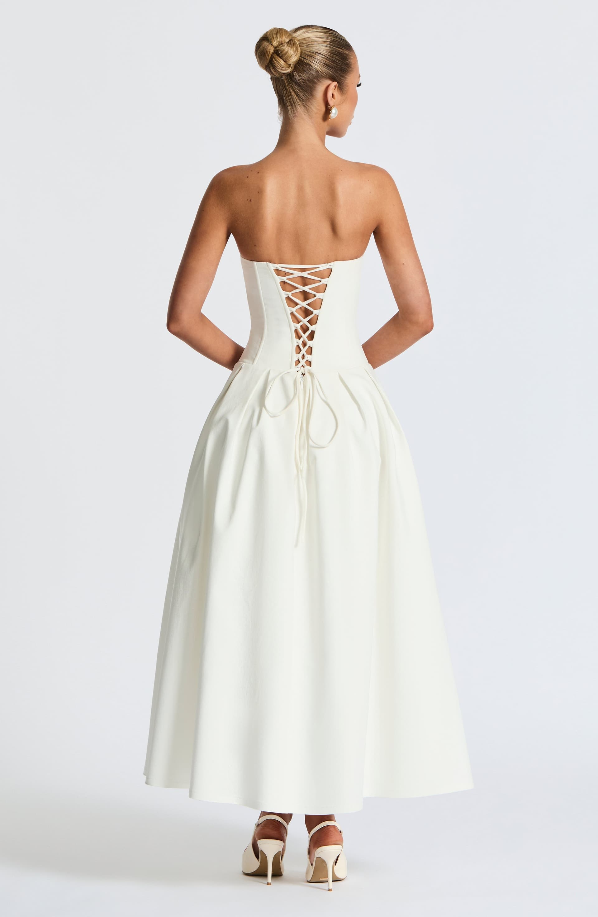 Salma Midi Dress Ivory Stretch Bengaline Strapless Pleated Bodice