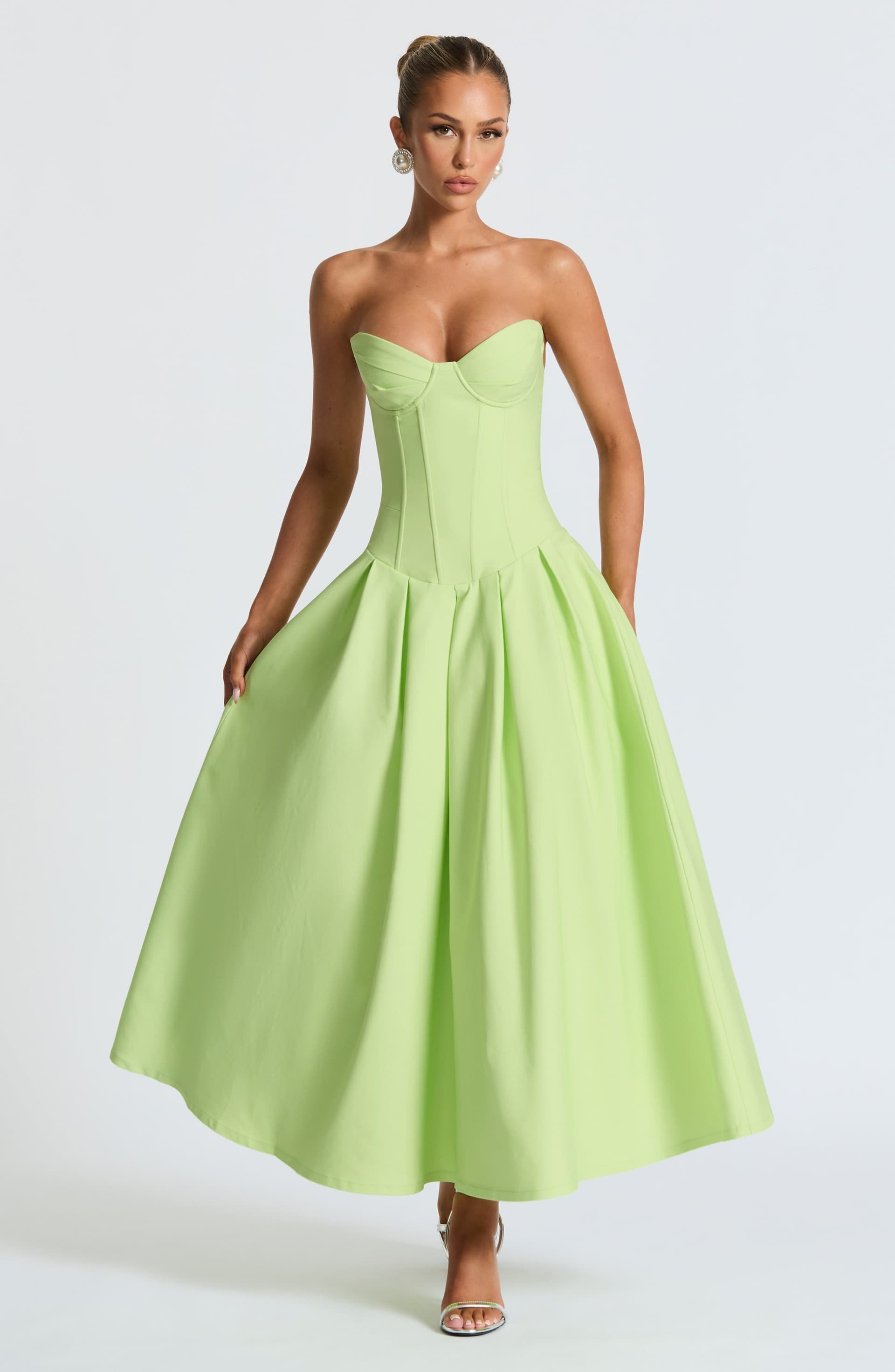 Salma Midi Dress Lime Green Stretch Bengaline Strapless Pleated Underwired