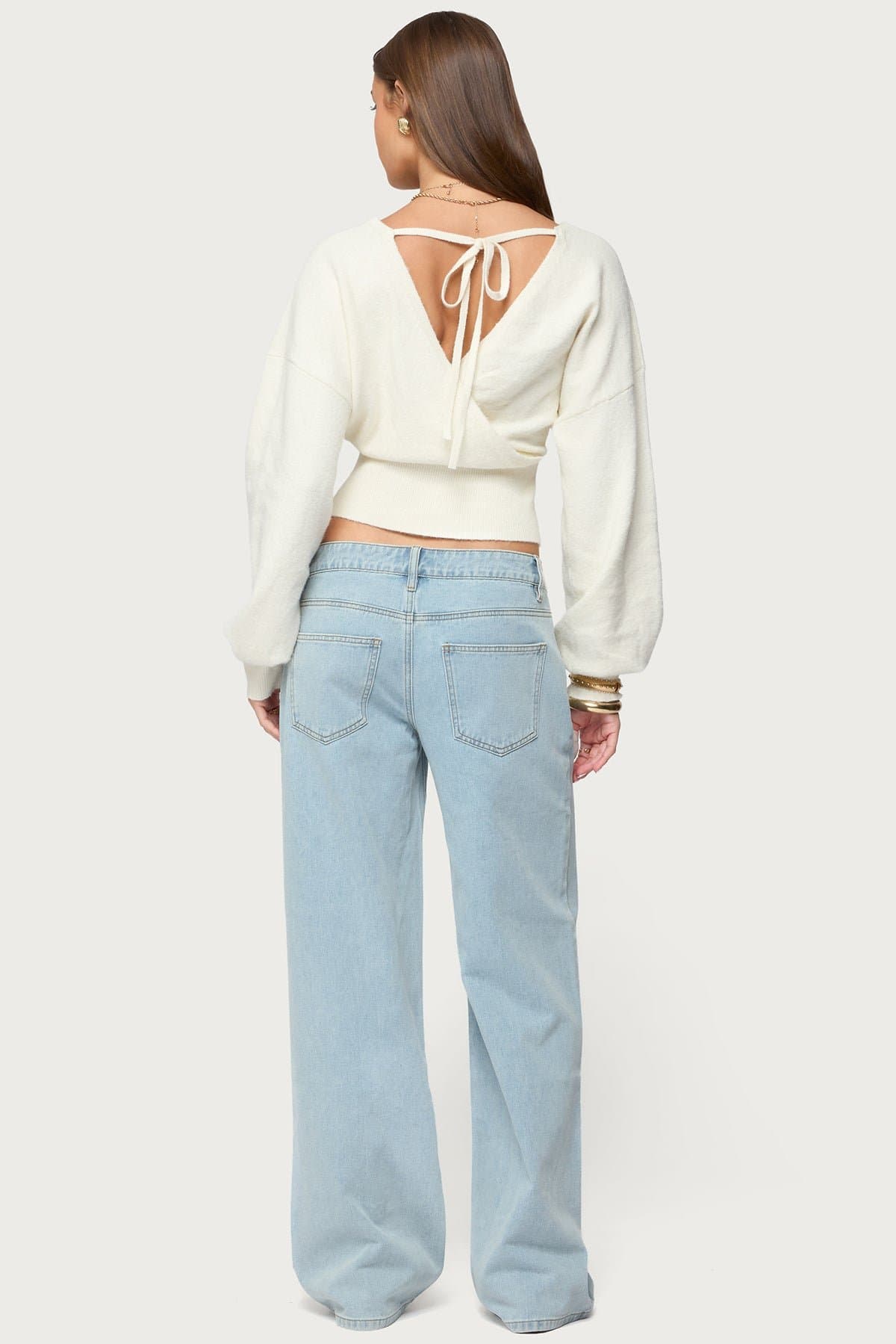 Lillia V-Neck Wrap Sweater with Back Tie Closure - Polyester Nylon Spandex Knit