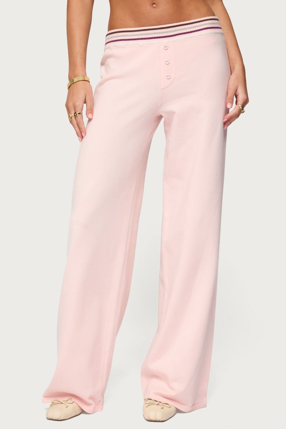 Miya Stripey Knit Pants - Striped Waistband, Button Detail, Rayon Polyester Nylon