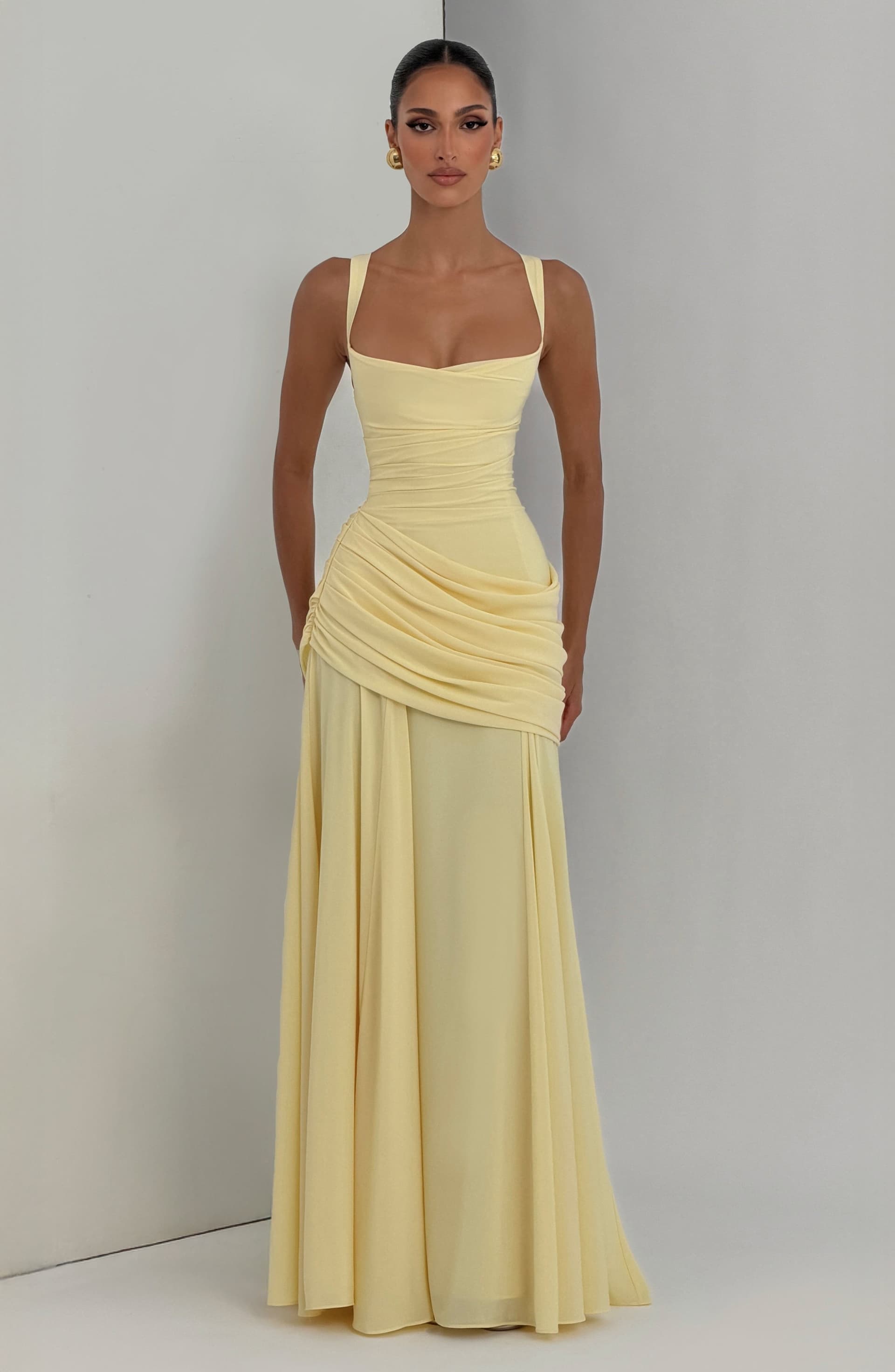 Sura Maxi Dress in Lemon Chiffon - Twist Cowl Neckline, Lace-Up Back