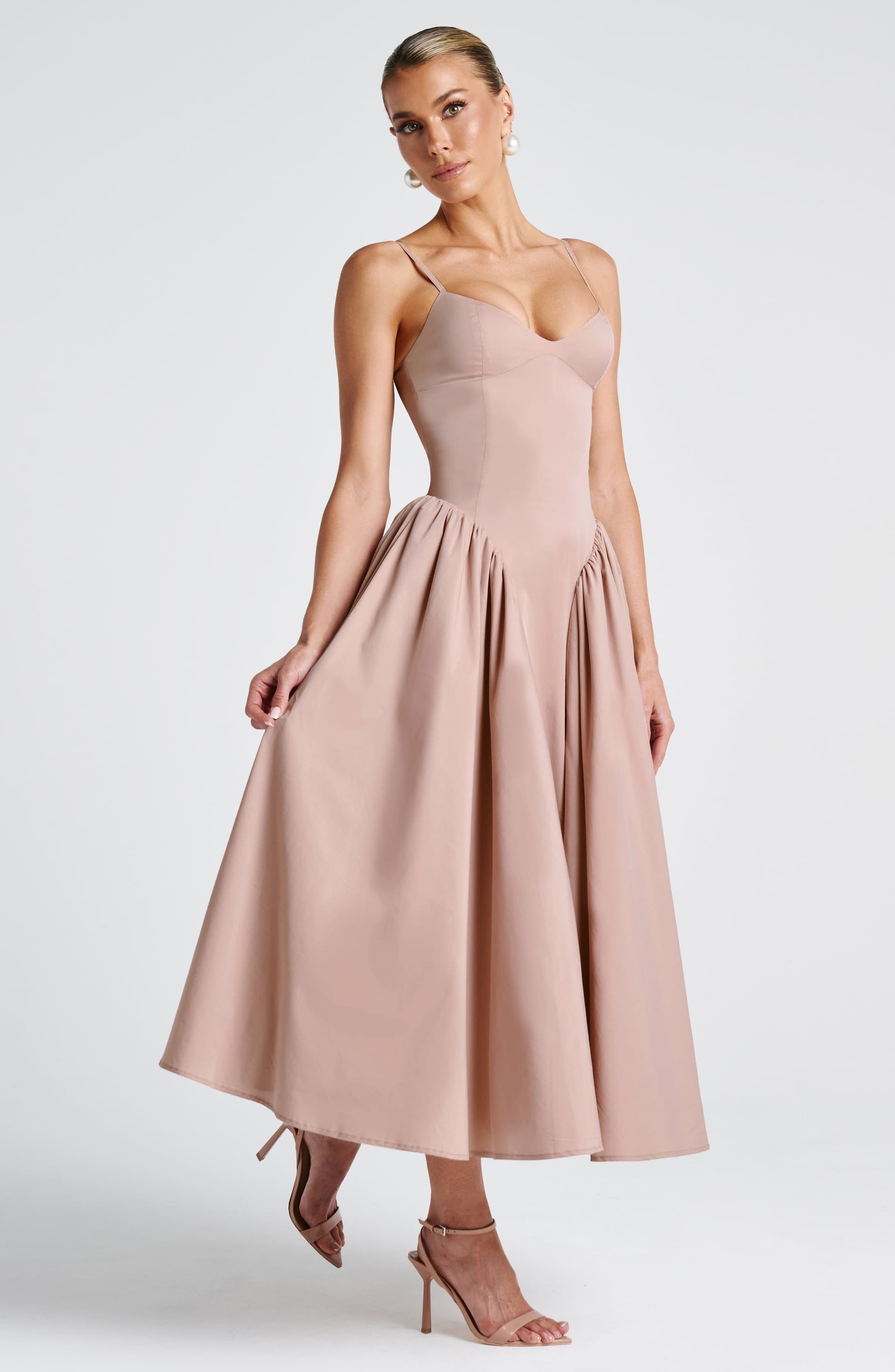 Emerson Midi Dress in Clay - Sweetheart Neckline Lace-Up Back Dropped Waist