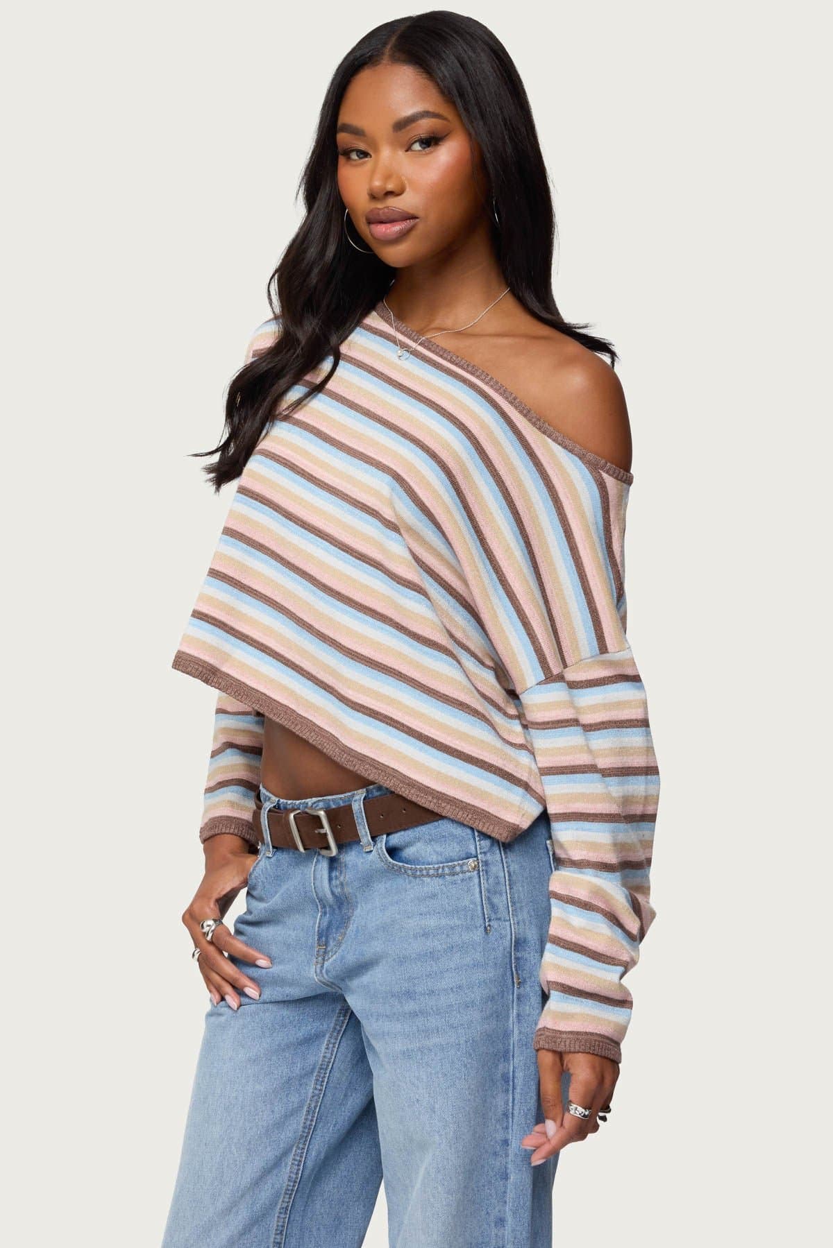 Alexis Off Shoulder Striped Knit Top - Long Sleeve Oversized Polyester Metallic Fit