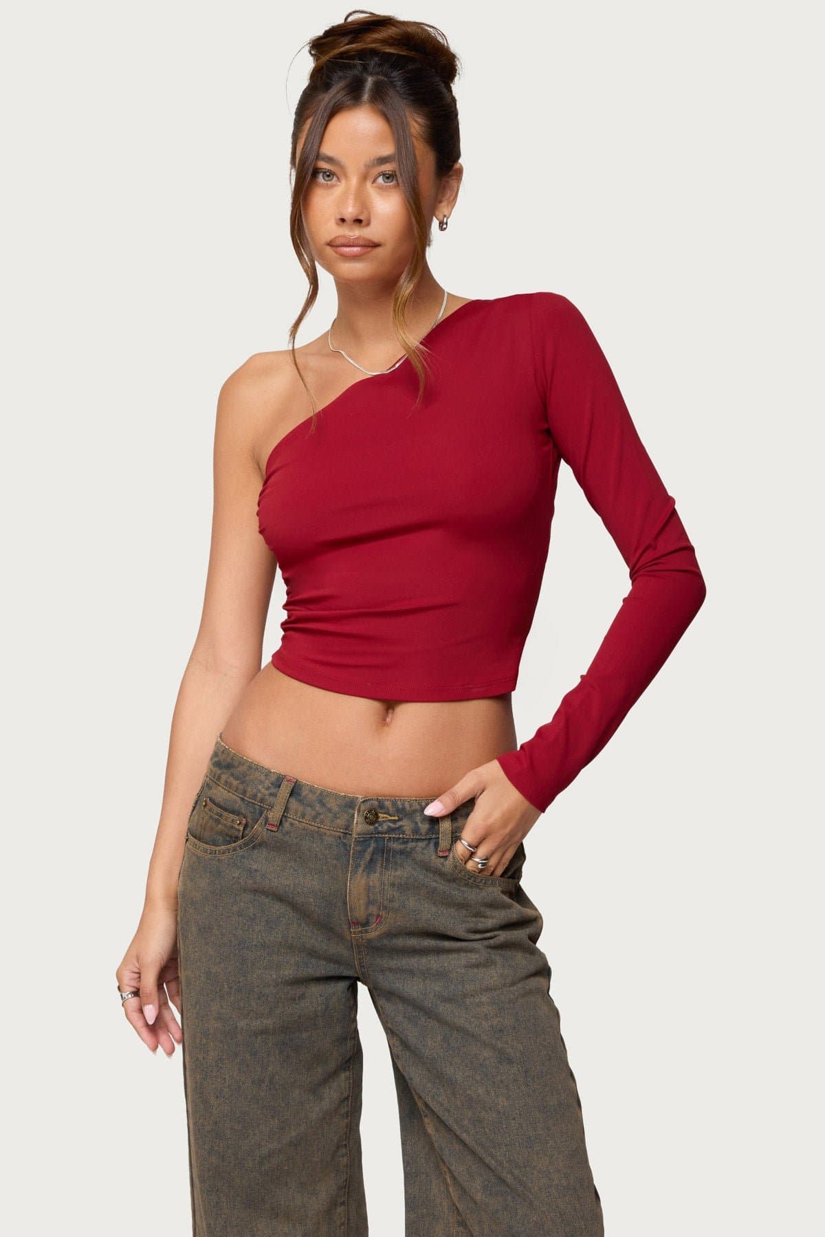 Mila Asymmetric Backless One Shoulder Long Sleeve Top - Polyester Spandex