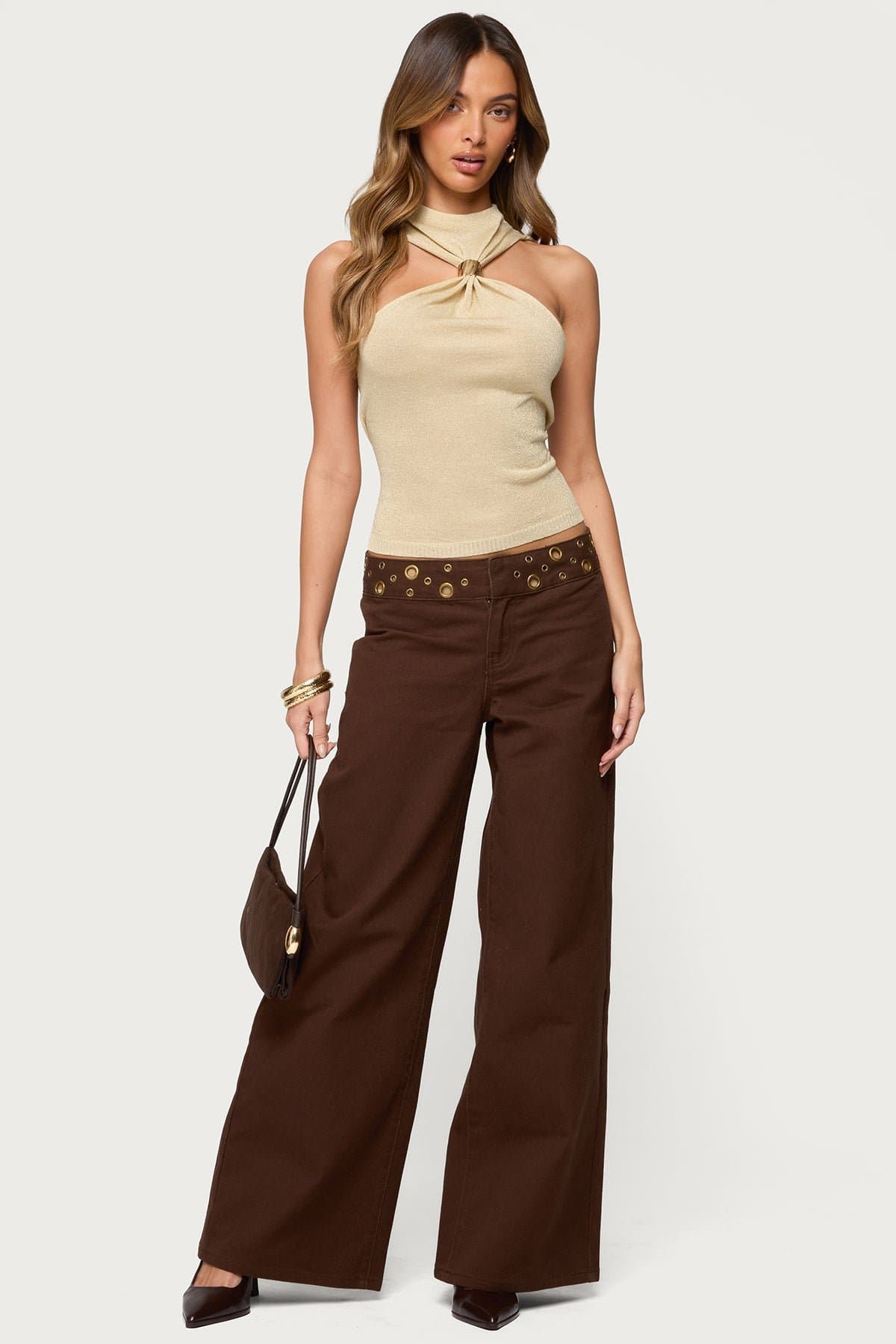 Mixed Grommet Low Rise Wide Leg Jeans - 100% Cotton Rigid Denim