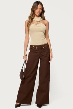 Mixed Grommet Low Rise Wide Leg Jeans - 100% Cotton Rigid Denim