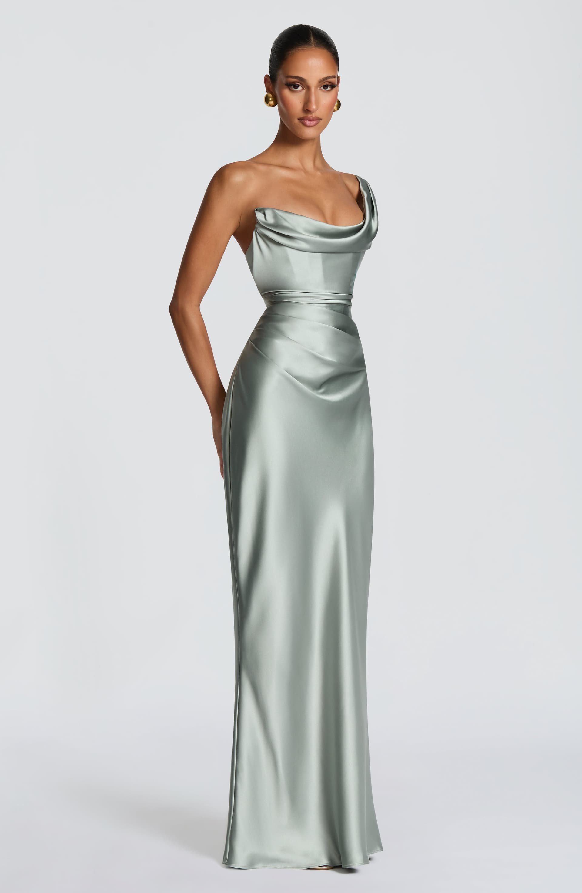 Thalassa Maxi Dress - Sage Green Satin One-Shoulder Pleated Bodice