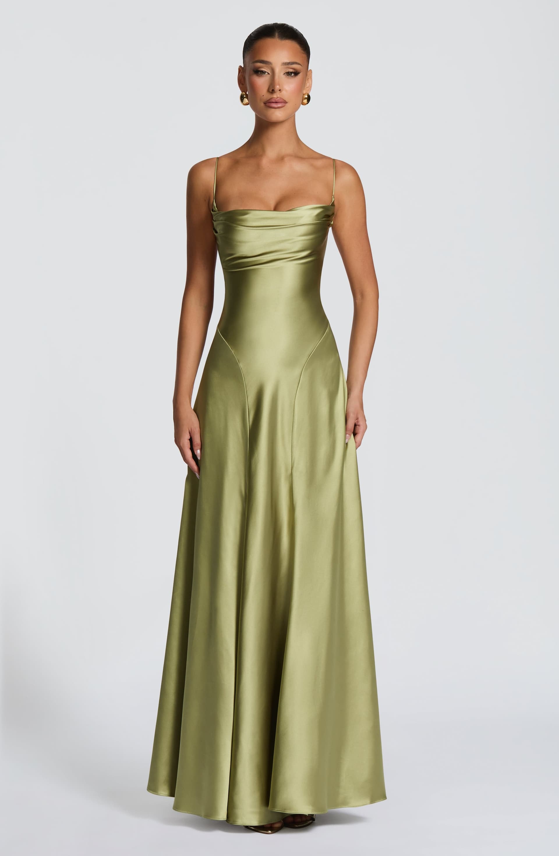 Adelina Maxi Dress Light Olive Satin Cowl Neck Lace-Up Back