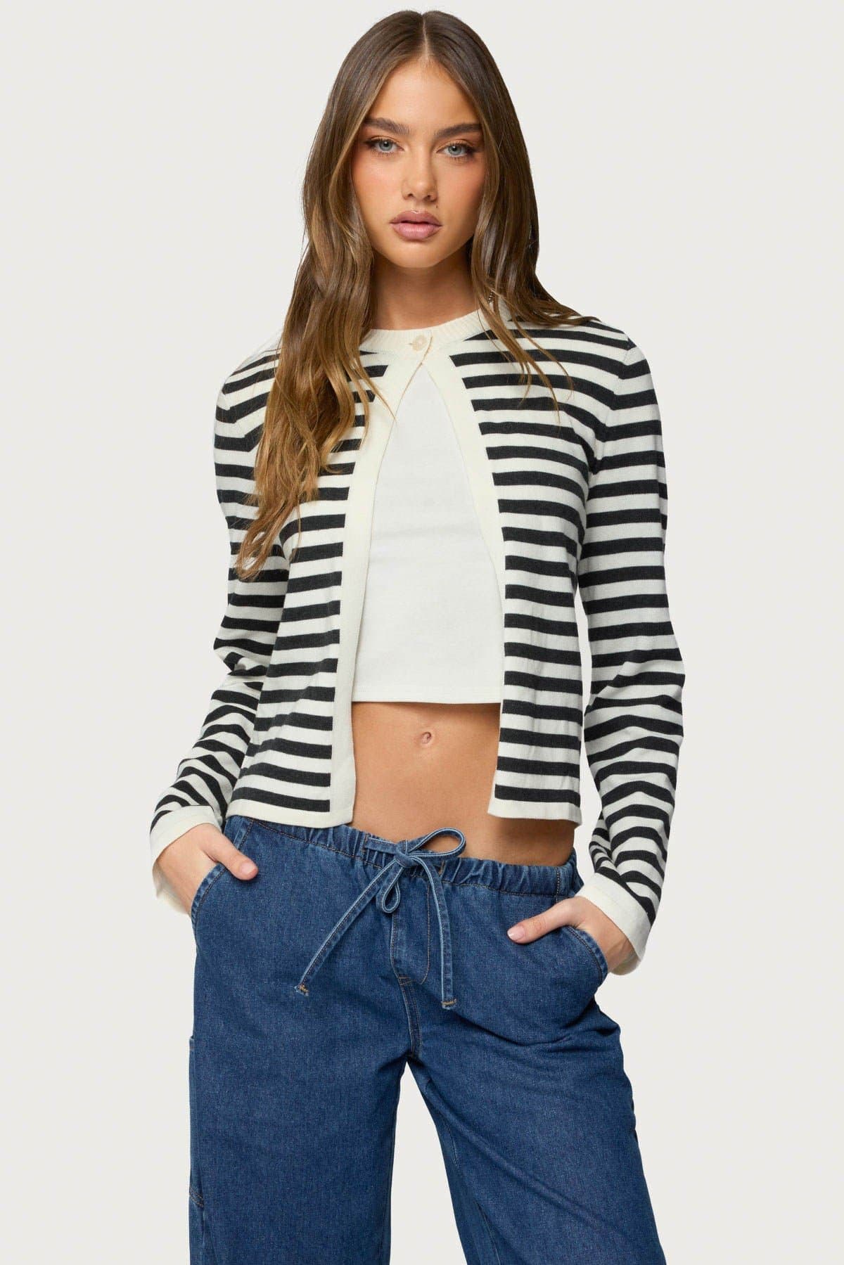 Jenie Split Front Striped Knit Cardigan - Cotton Nylon Ribbed Neckline Button Closure