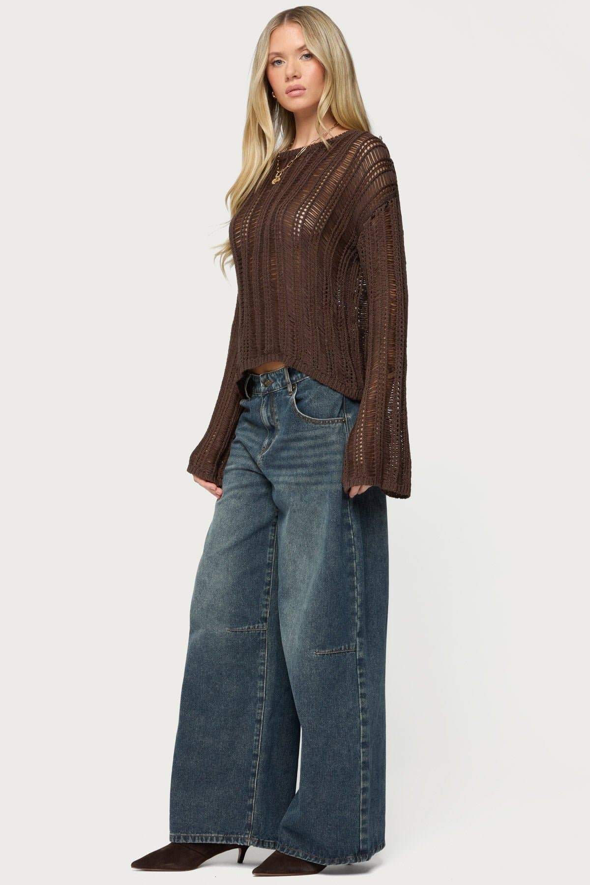 Jaide Sheer Ladder Knit Sweater - Acrylic Knit Top