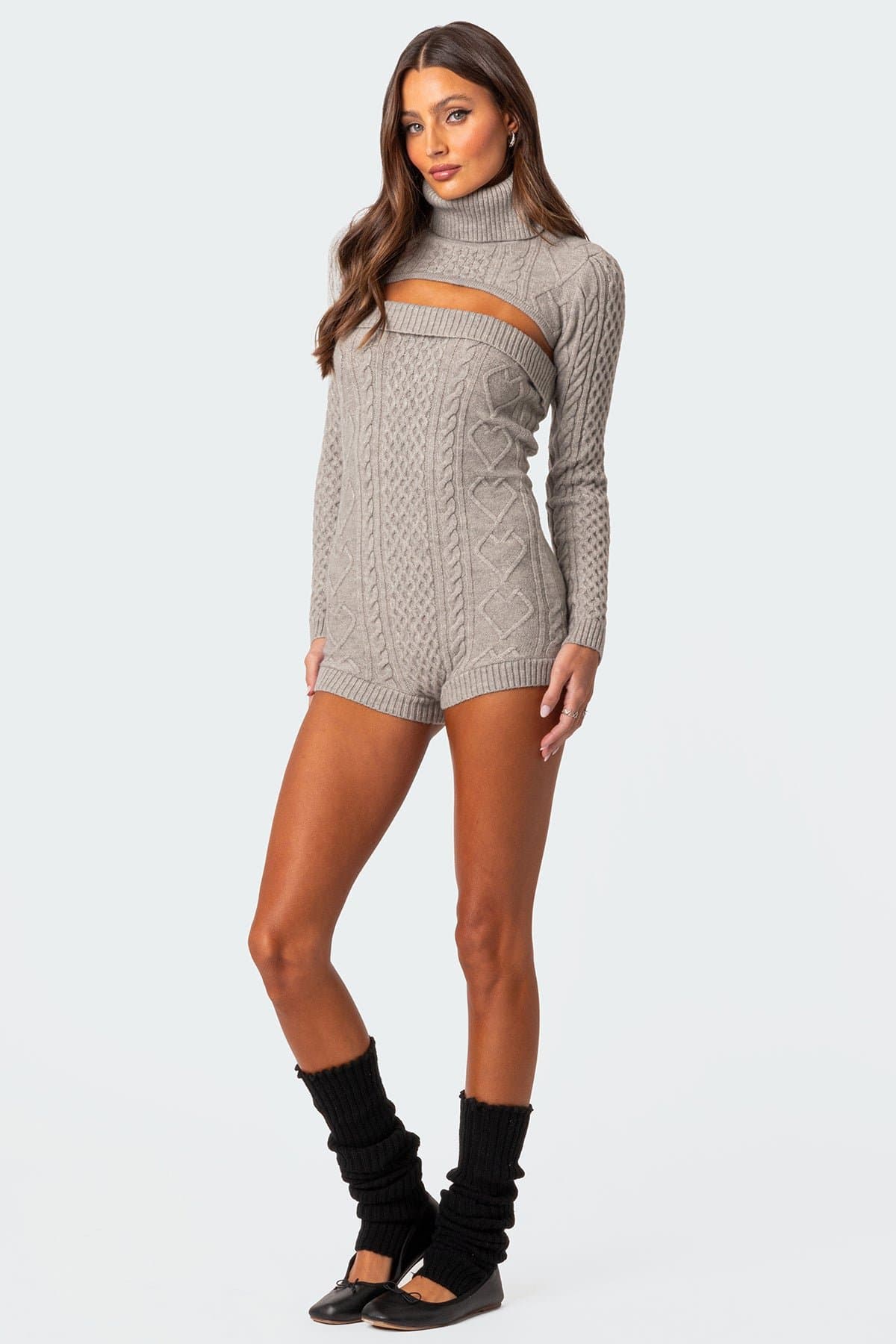 Finnley Two Piece Cable Knit Romper with Turtle Neck Shrug Polyester Rayon