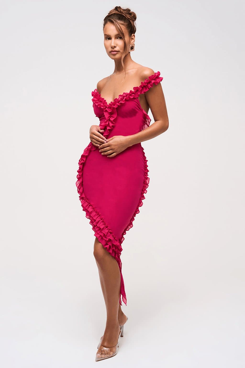 Dahlia Ruffle Detail Asymmetric Mesh Dress in Magenta - Double Layer Stretch