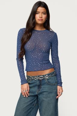 Anari Rhinestone Mesh Long Sleeve Top with Lettuce Hem
