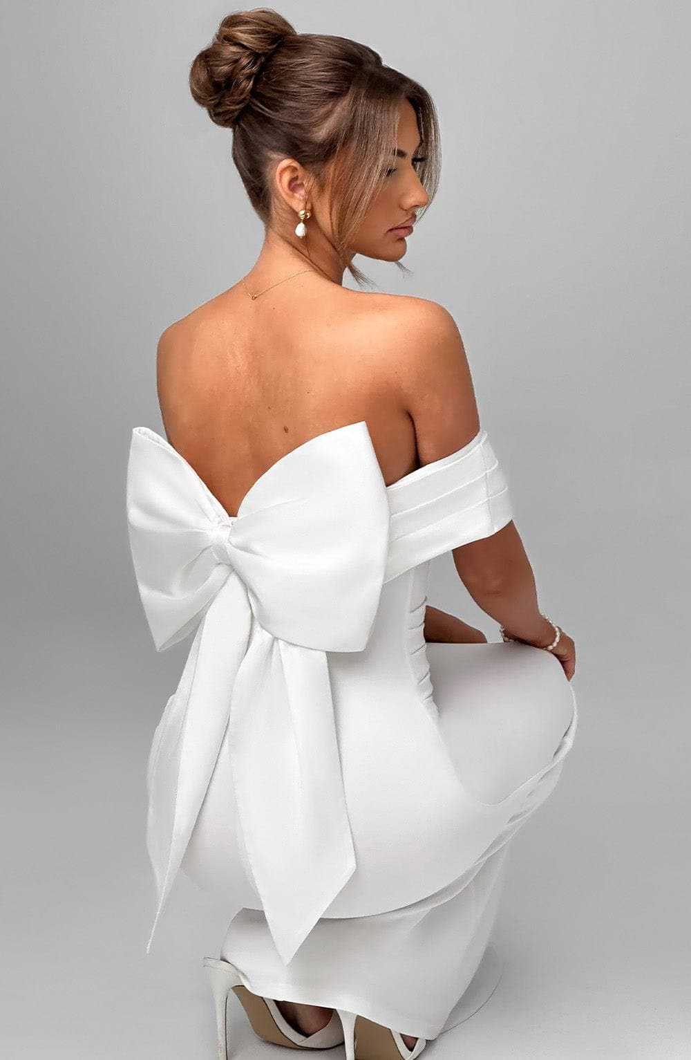 Joanna Maxi Dress in Ivory - Stretch Crepe Fit and Flare with Bardot Neckline