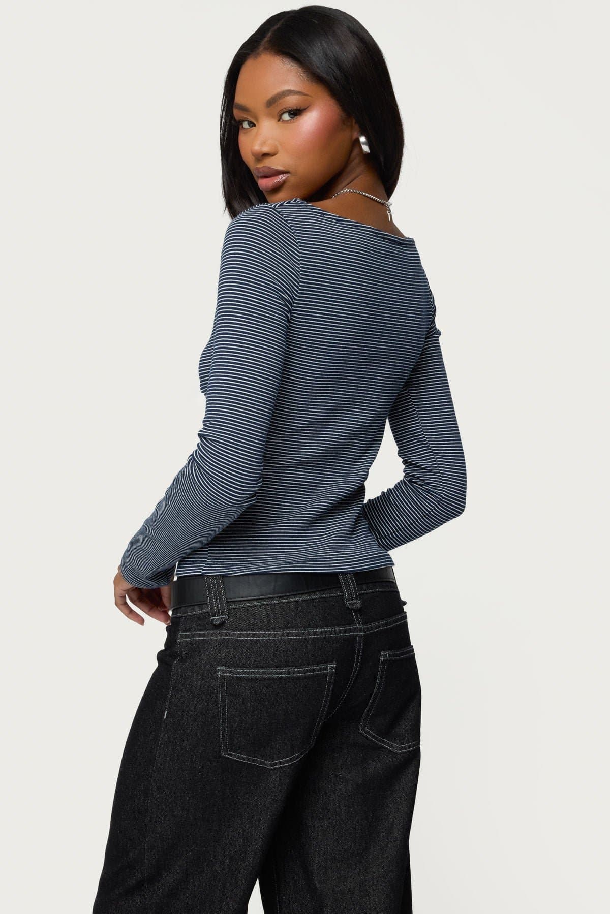 Loria Striped Boat Neck Long Sleeve Top - Cotton Spandex