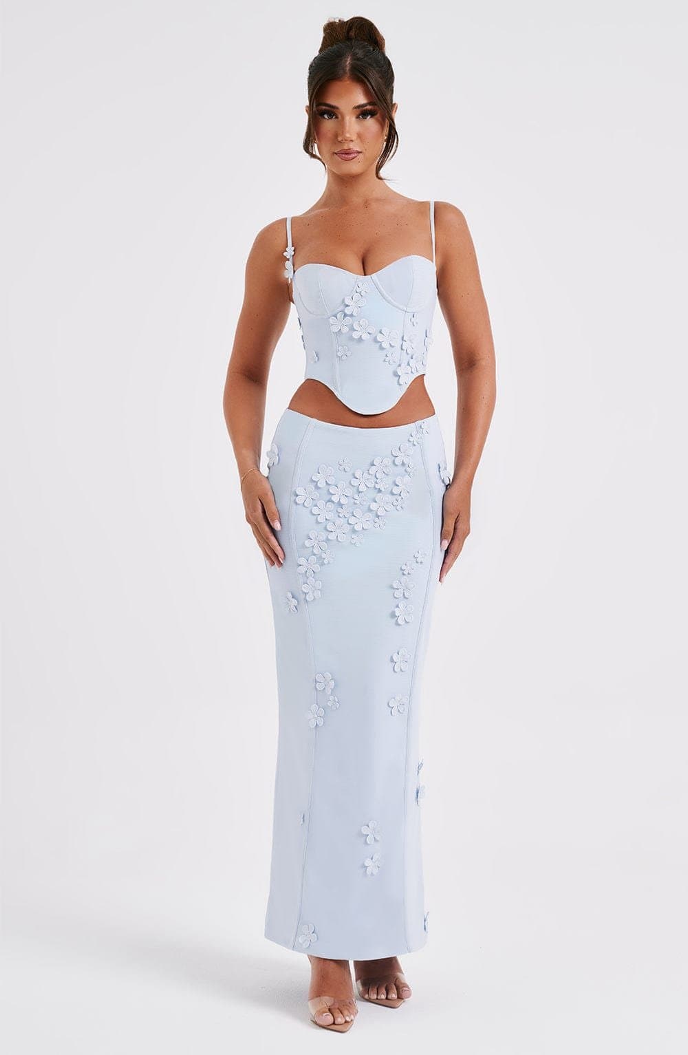 Dalary Maxi Skirt in Blue Stretch Mesh with 3D Flower Appliques