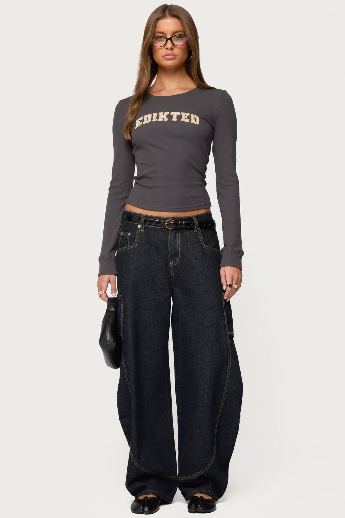 Edikted Essential Ribbed Long Sleeve T-Shirt with Graphic Text Patch