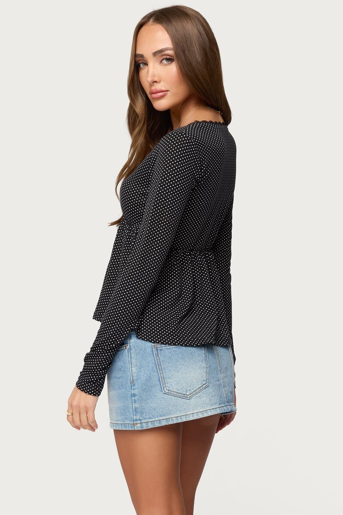 Kenzie Long Sleeve Babydoll Top V-Neck Polka Dot Print Polyester Spandex