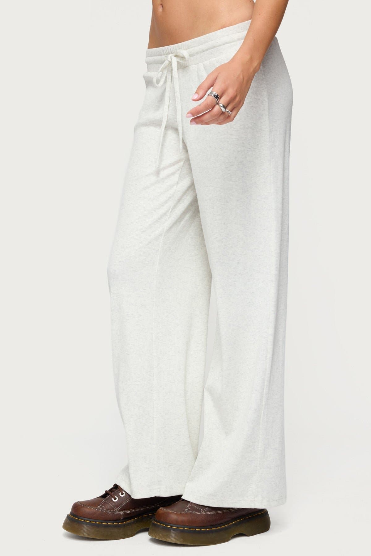 Cicilia Straight Leg Ribbed Pants - Adjustable Tie Waist Cotton Polyester Spandex Loungewear