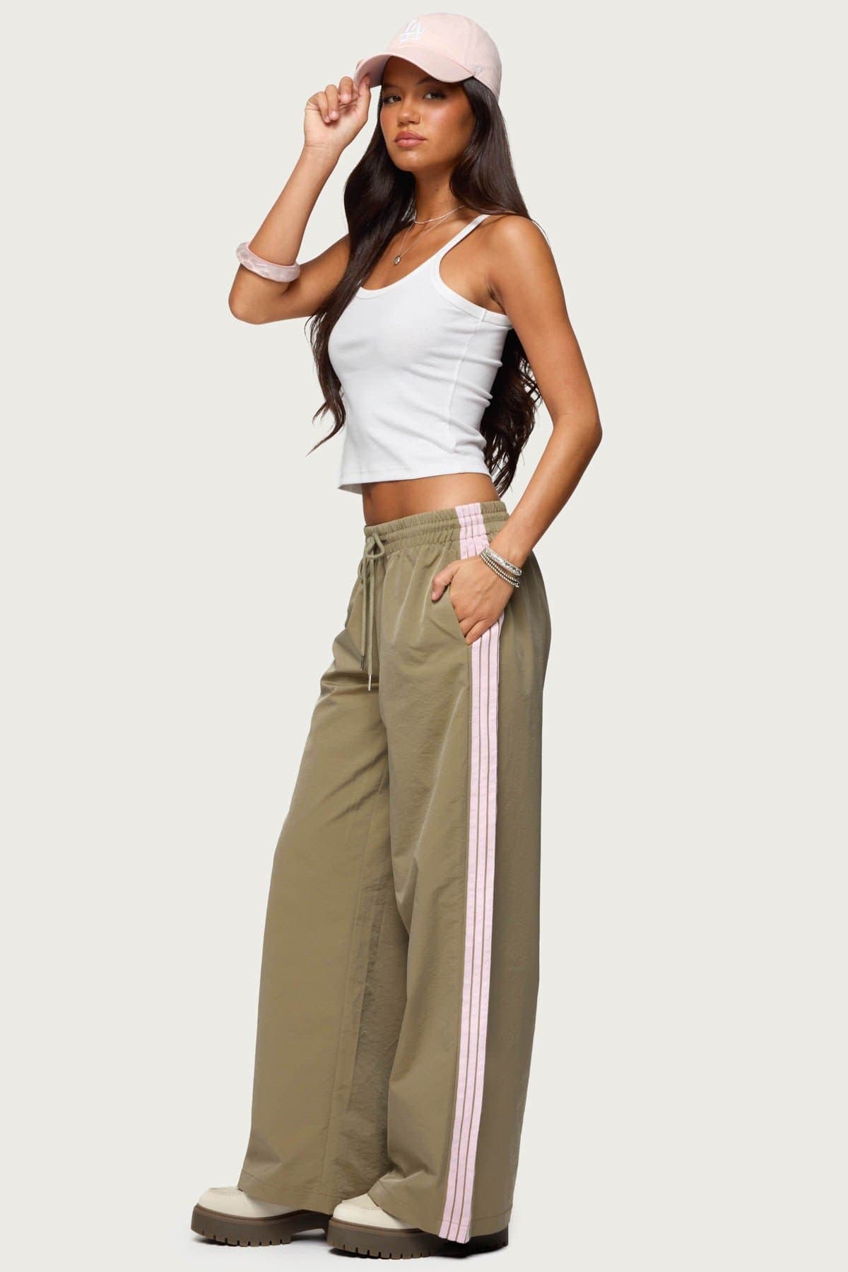 Annabella Nylon Track Pants Adjustable Tie Waist Side Stripe Detailing