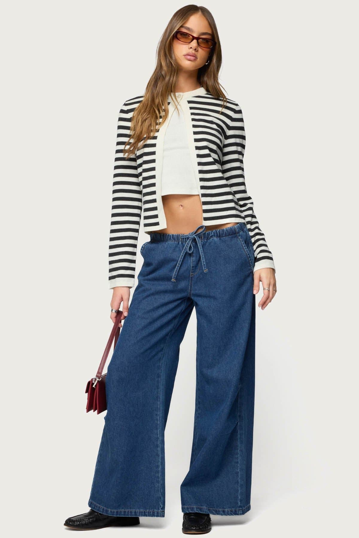 Jenie Split Front Striped Knit Cardigan - Cotton Nylon Ribbed Neckline Button Closure