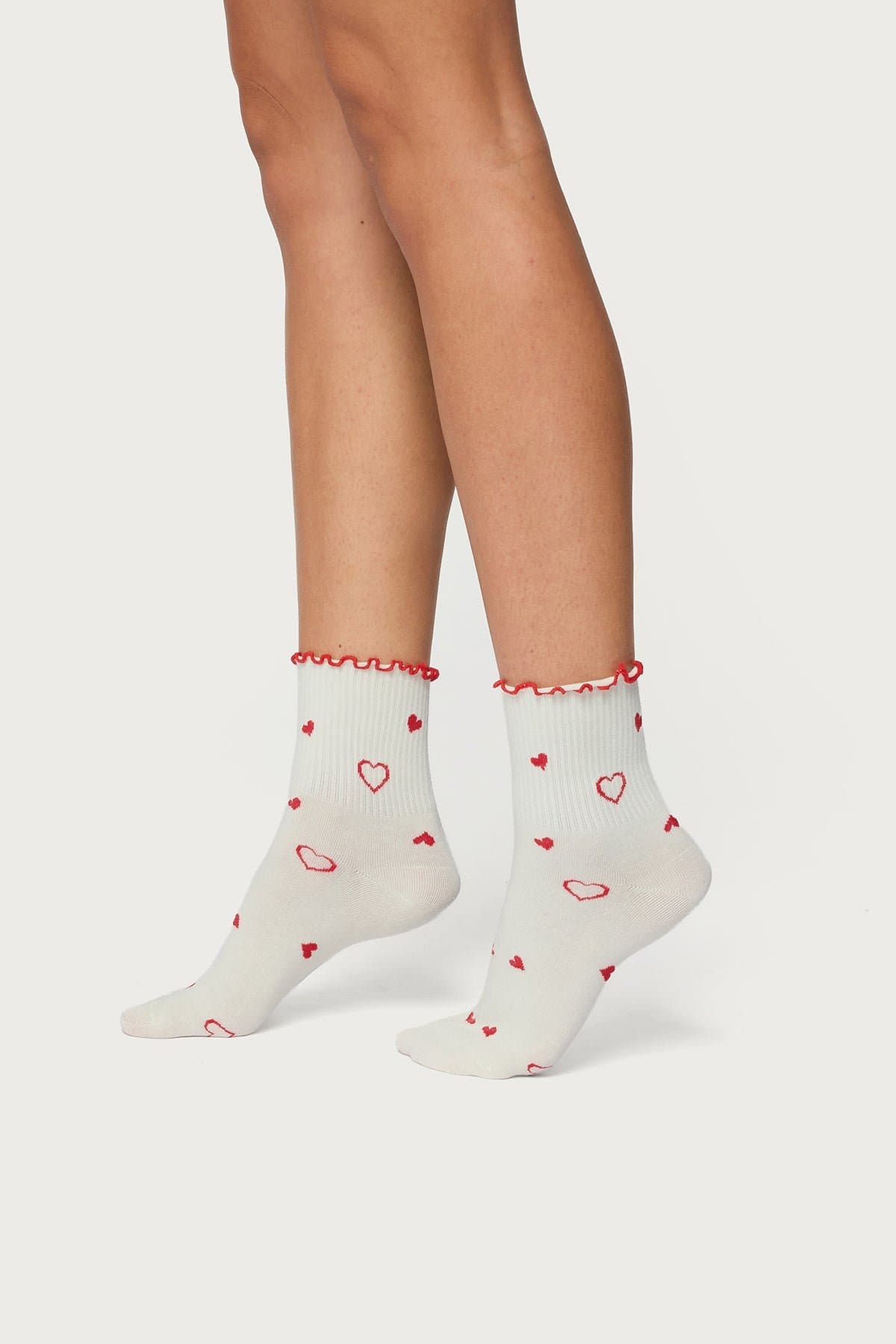 Contrast Frilly Socks with Heart Design - Cotton Spandex, 10.2 Inch Length