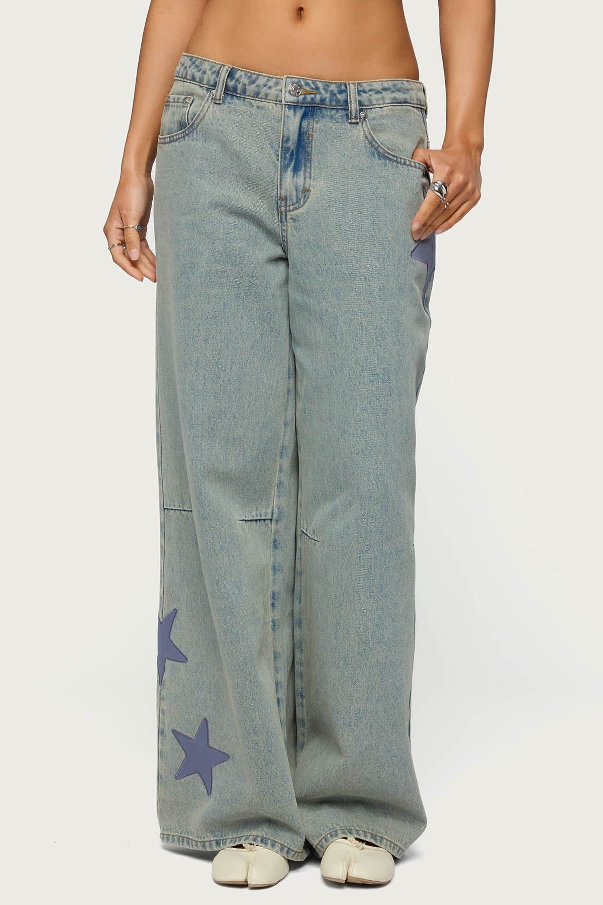 Trish Stars Low Rise Baggy Jeans with Embroidered Satin Star Patches 100% Cotton