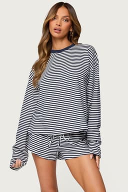 Jainee Striped Long Sleeve Oversized T-Shirt - Cotton Spandex Loungewear