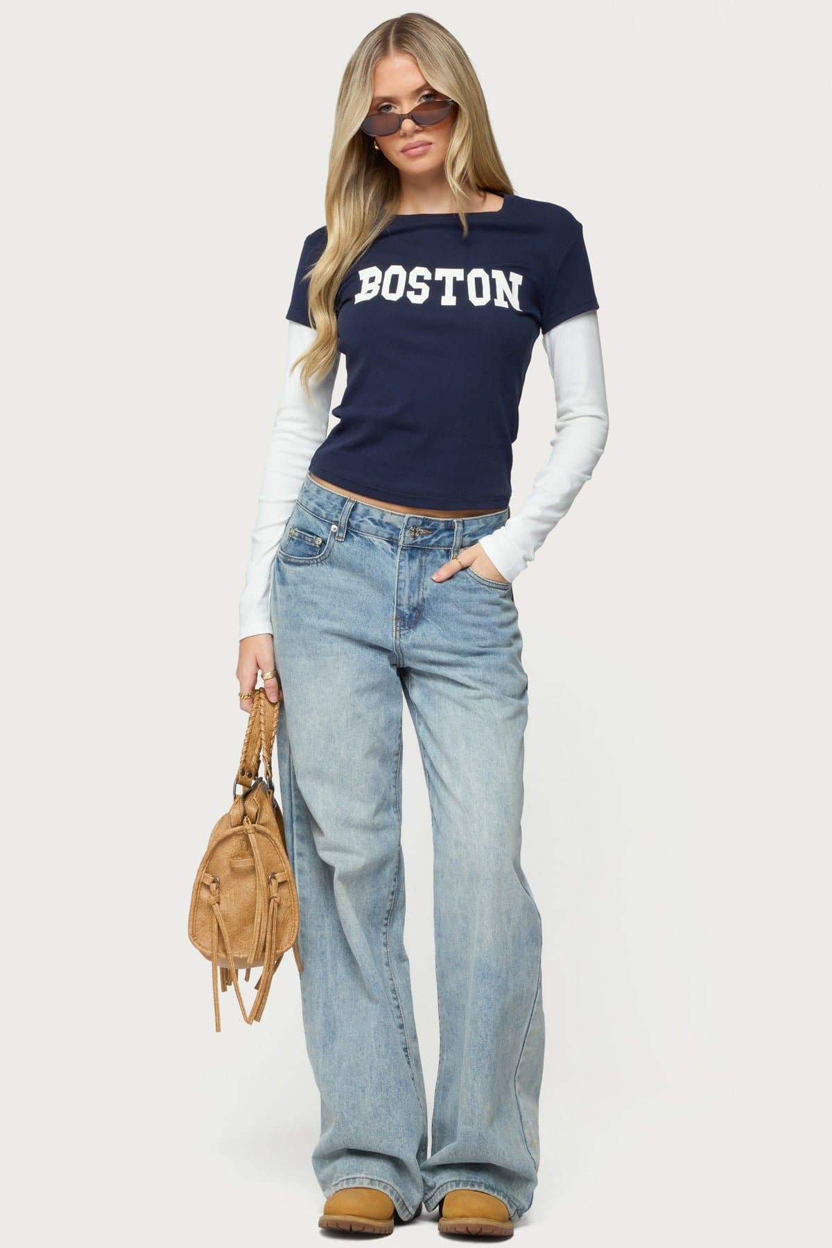 Boston Layered Long Sleeve T-Shirt - Cotton Spandex Graphic Text Contrast Sleeves