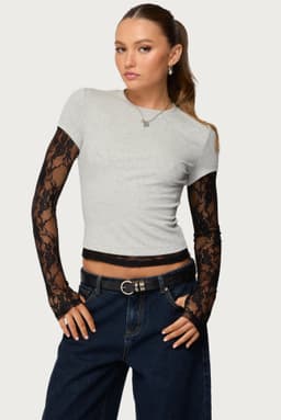 Layered Lace Sleeve Top with Sheer Long Sleeves and Thumb Holes - Cotton Polyester Spandex