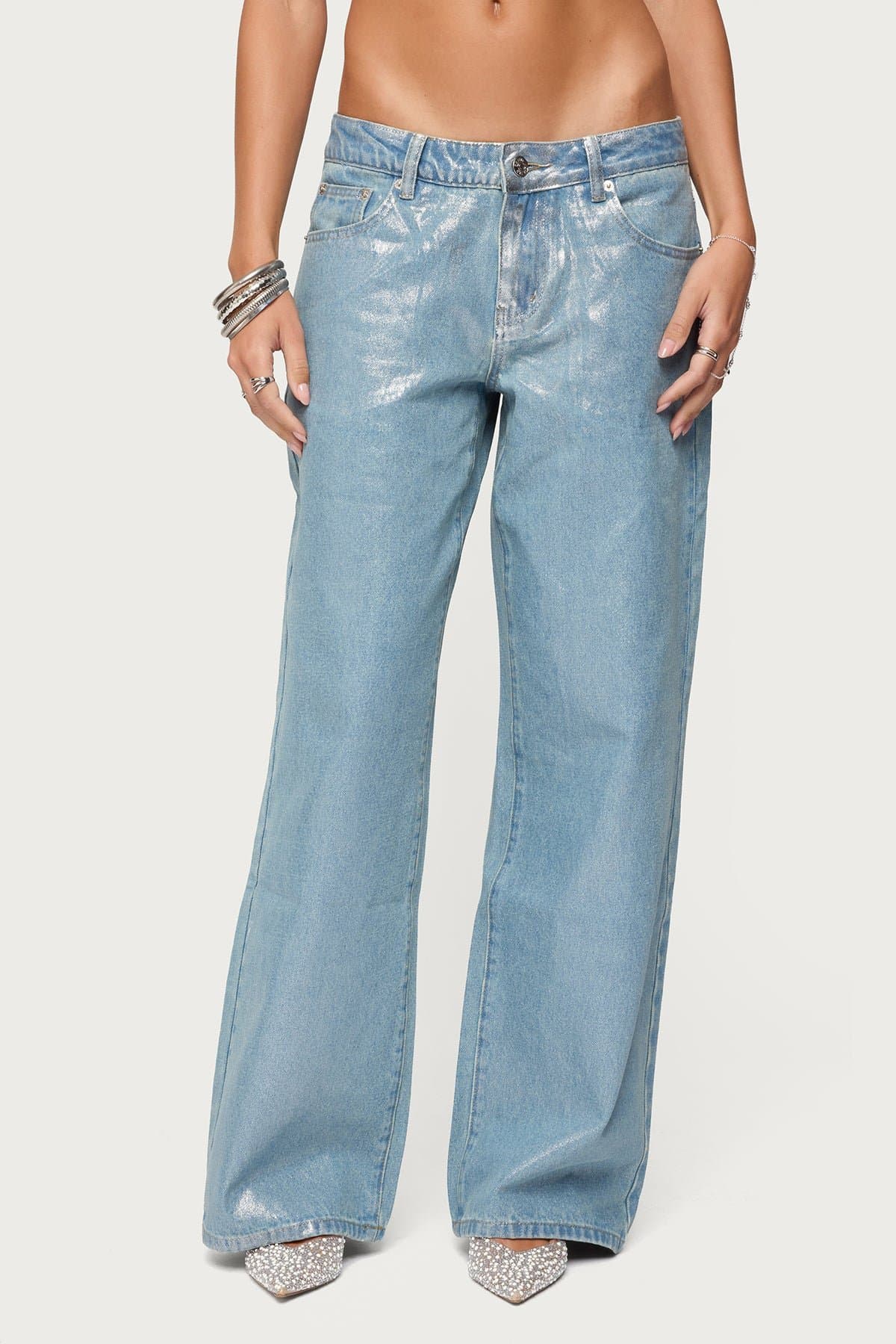 Jenney Shiny Low Rise Baggy Jeans in Metallic Rigid Denim 100% Cotton