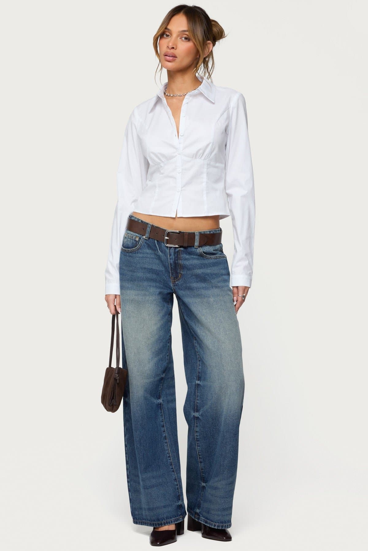 Laurna Tailored Button Up Shirt Long Sleeve Cotton Spandex Classic Collar Underbust Ruching