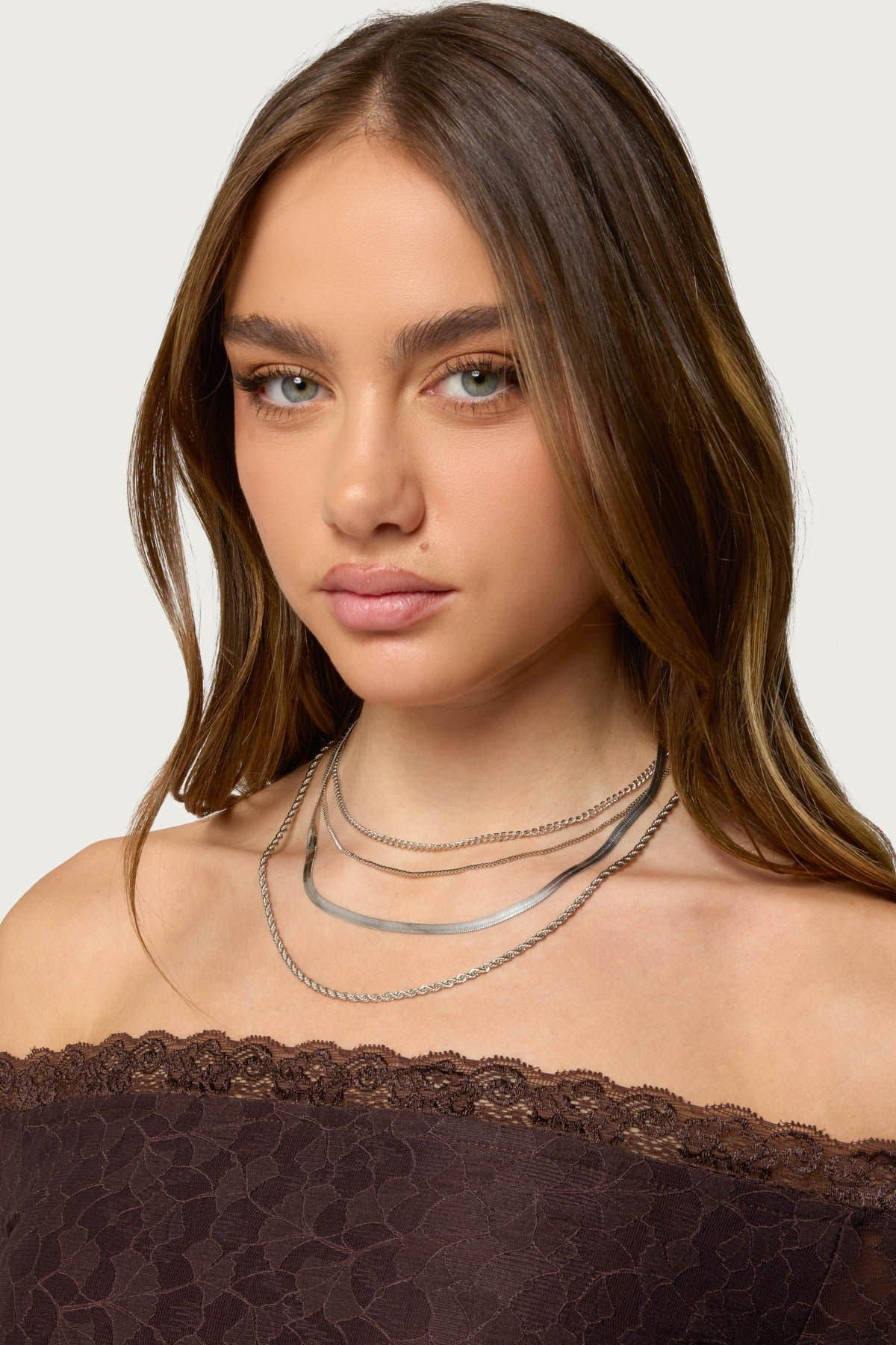 Multi Chain Necklace Pack - 4 Assorted Silver Tone Metal Necklaces 9.4 Inch Length