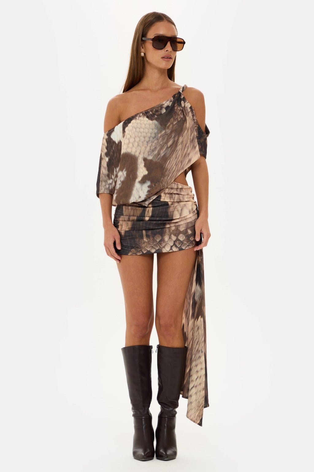 COCO Asymmetric Off Shoulder Snake Print Mini Dress with Ruched Skirt