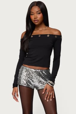 Trina Grommet Off Shoulder Long Sleeve Top - Polyester Spandex