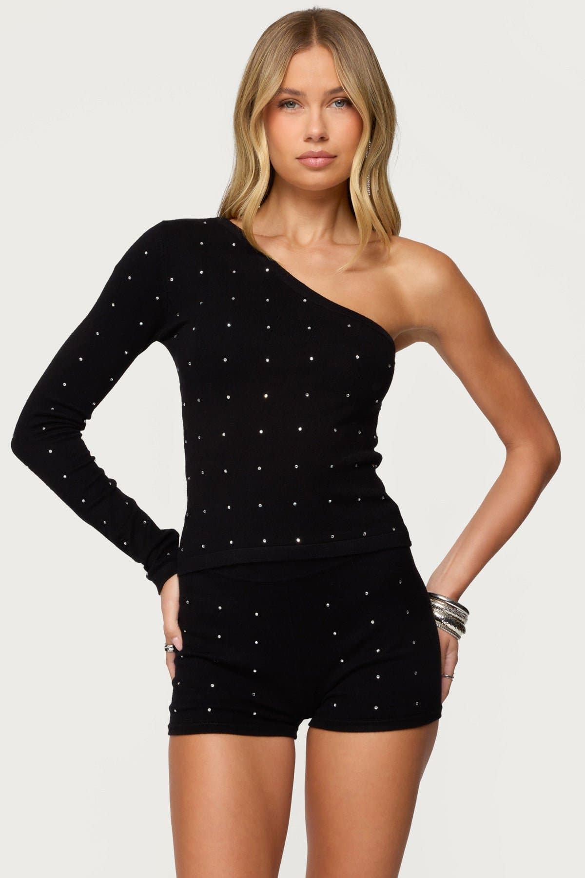 Harley Rhinestone One Shoulder Knit Top - Acrylic Fabric