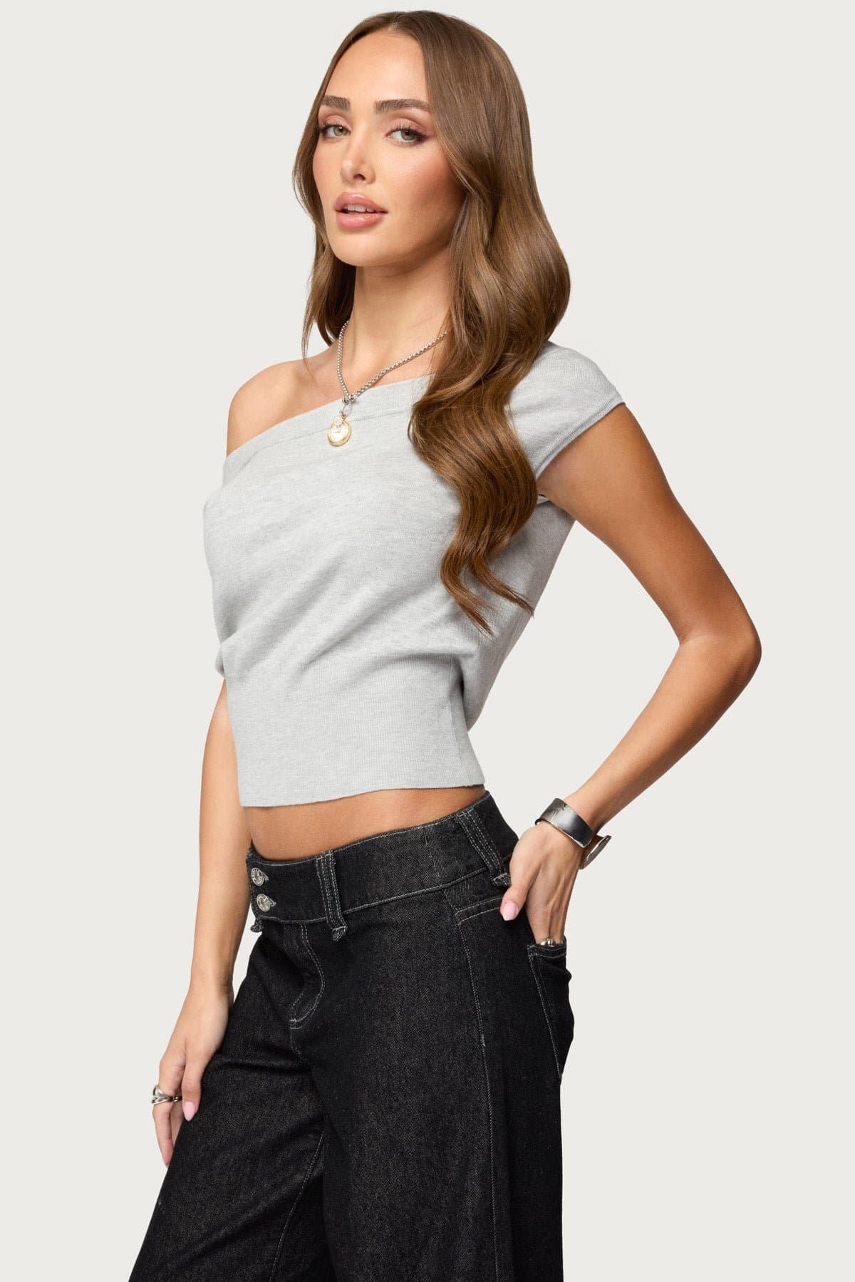 Michaela Off Shoulder Knit Top - Polyester Rayon Ribbed Fitted Hem