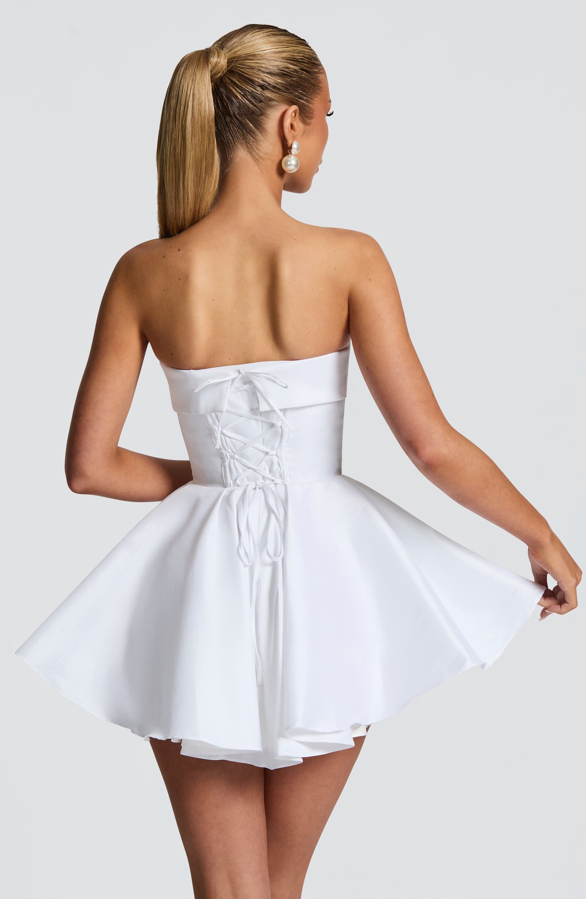 Dionne Mini Dress in Ivory Taffeta Strapless Lace-Up Back Full Circle Skirt