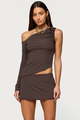 Lucretia Asymmetric Off Shoulder Top with Single Long Sleeve and Ruched Detailing Nylon Spandex