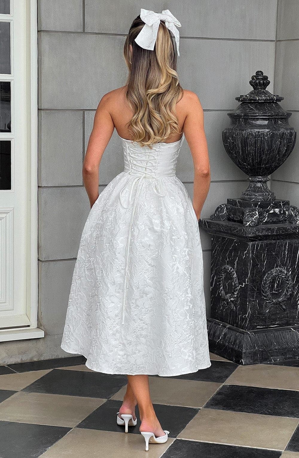 Saoirse Midi Dress in Ivory Floral Jacquard with Lace Up Back