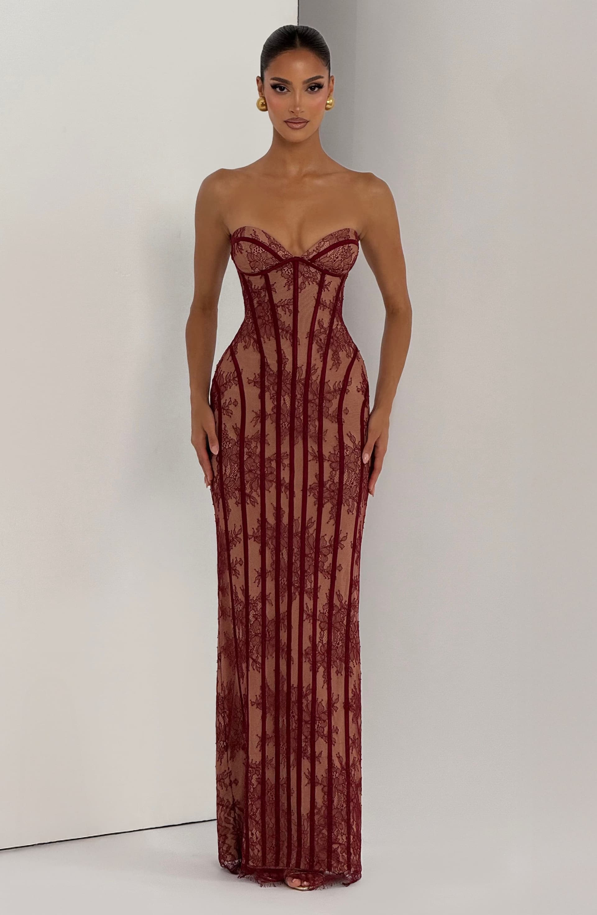 Sian Burgundy Floral Lace Strapless Maxi Dress with Underwire Cups