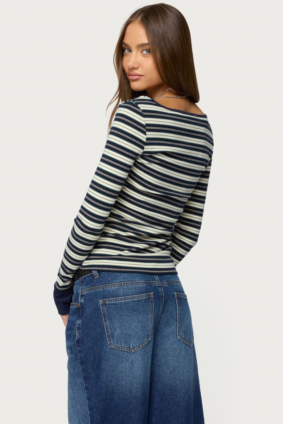 Jaida Striped Henley Top - Long Sleeve Cotton Spandex Scoop Neck