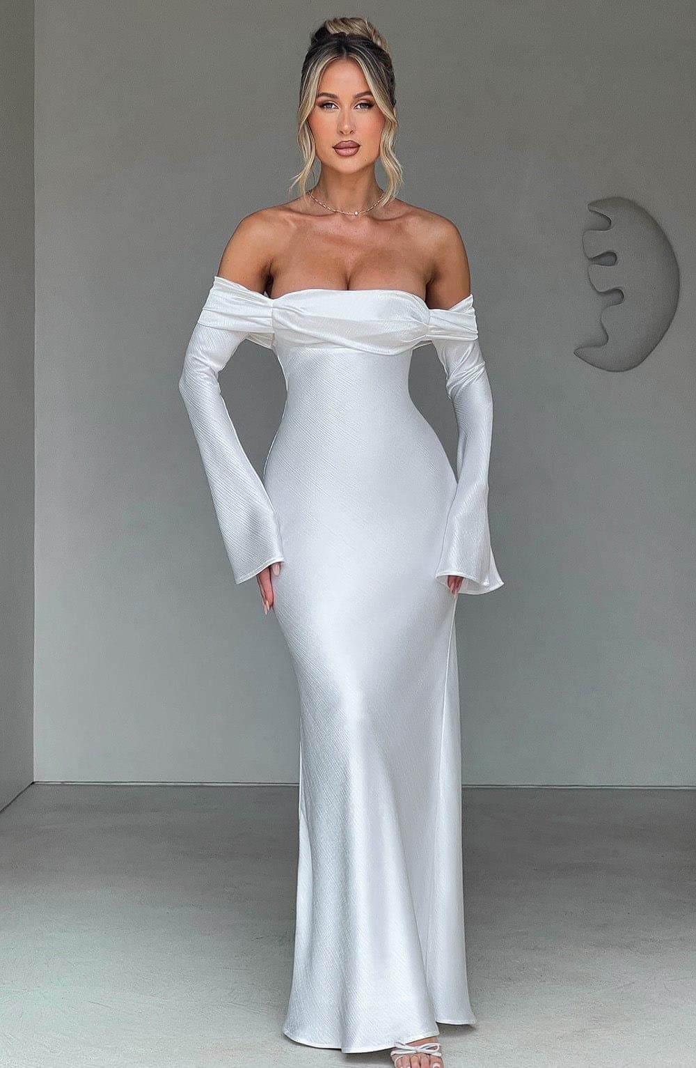 Selene Maxi Dress in Ivory - Textured Satin Bardot Neckline Long Sleeve