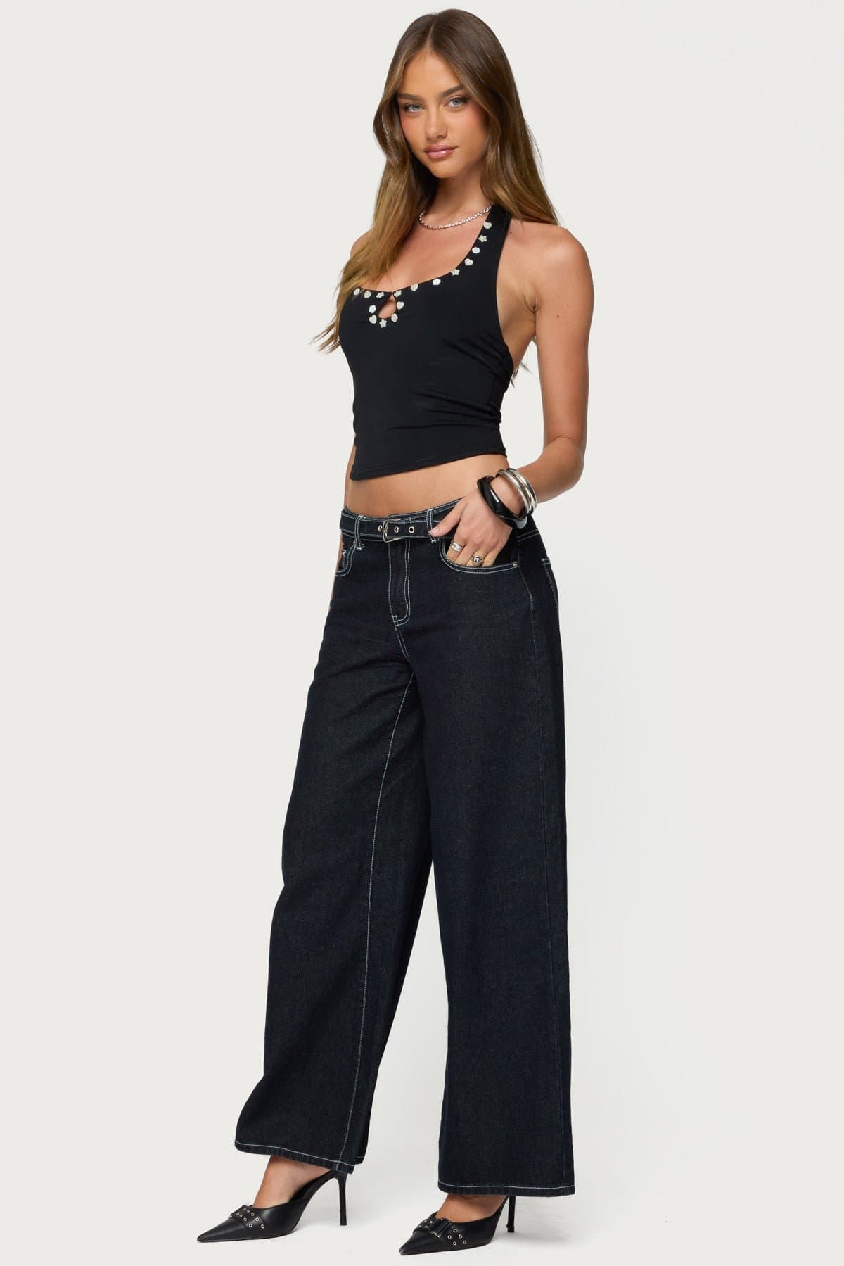 Coraline Button Cutout Halter Top in Polyamide Spandex