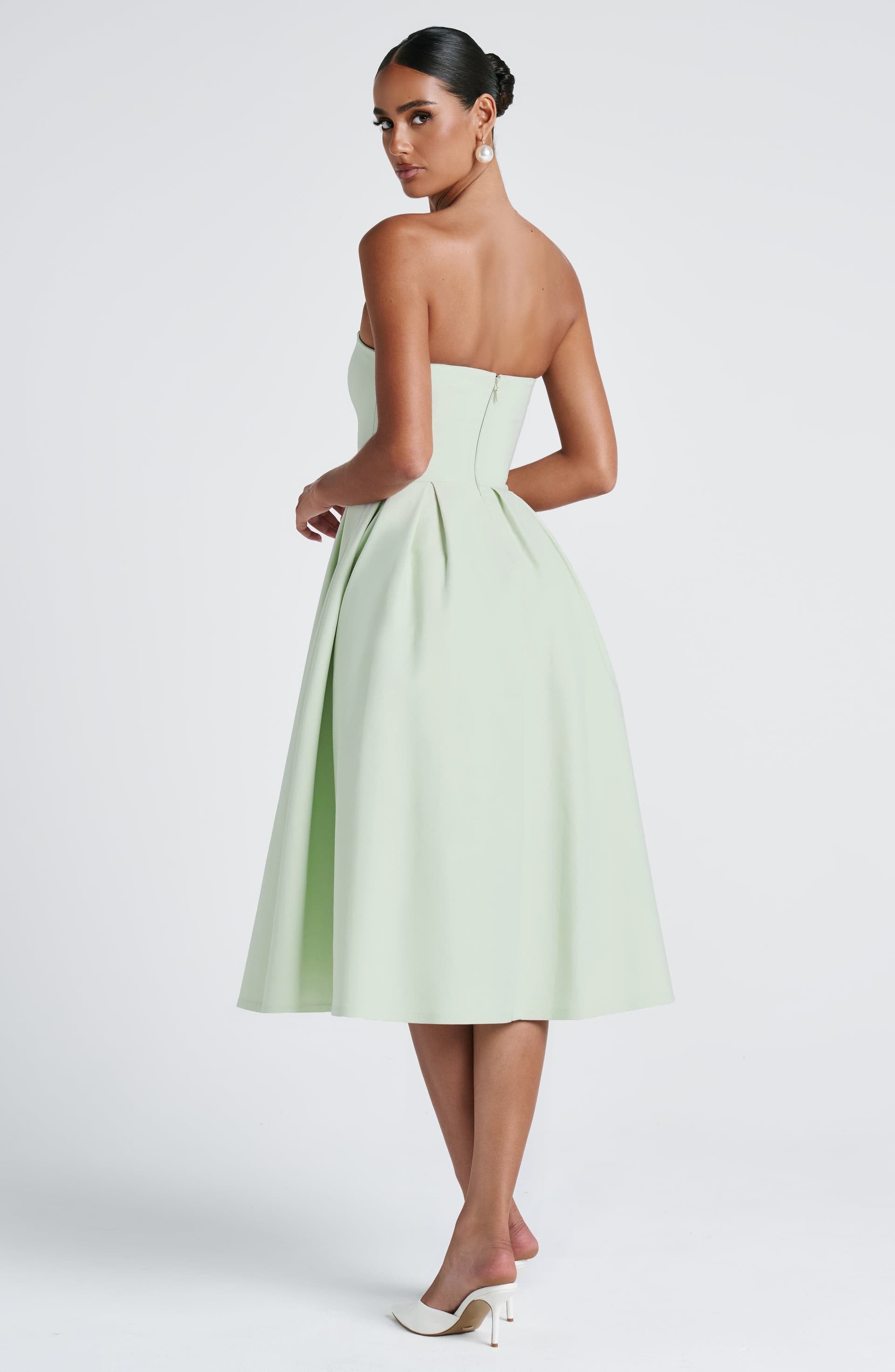 Edith Midi Dress - Mint Strapless Pleated Stretch Bengaline
